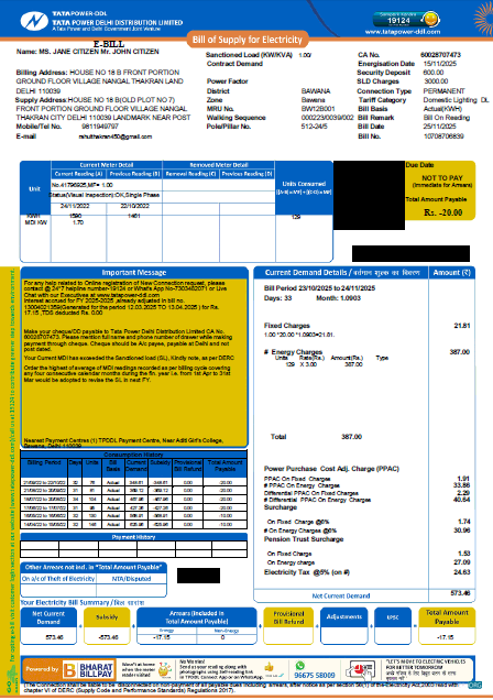 download India Tata Power Company Limited utility bill template in Word and PDF formats PDF template